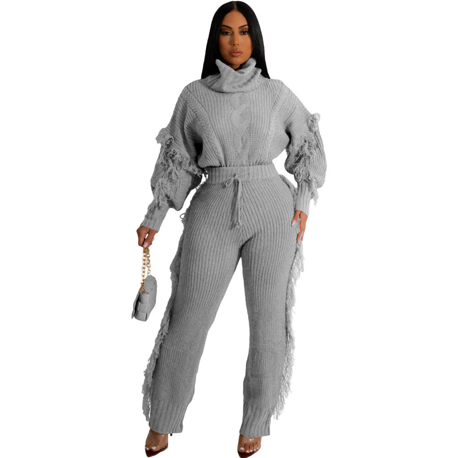 Casual Solid Color Knitted Long Sleeve Turtleneck Tassel Suit