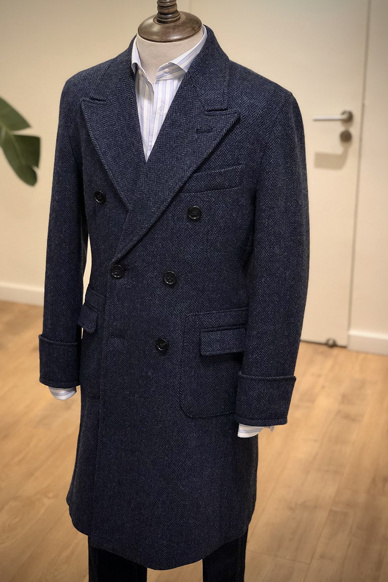 Polo Double Breasted Slim Vintage Tweed Men's Long English Wool Lapel Herringbone Coat