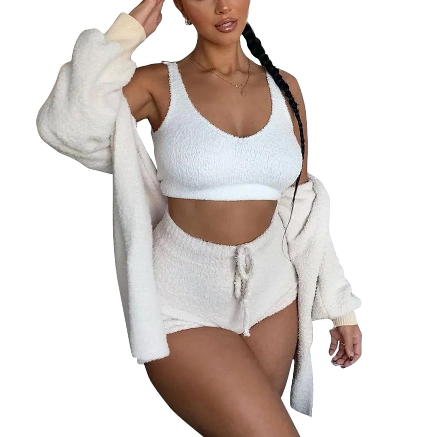 Thermal Three-piece Fluff Coat Spaghetti Strap Short Top Shorts Suit