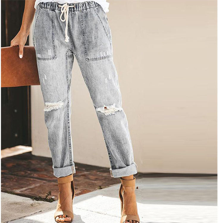 Straight Ripped Jeans For Women Drawstring Trousers With Pockets Fashion Pants