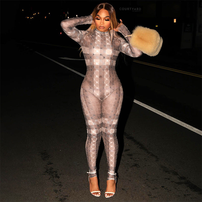 Women's Fashion Printing Tight Round Neck Long Sleeve Jumpsuit