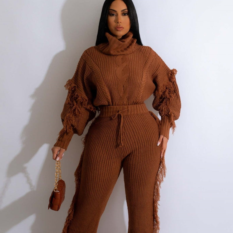 Casual Solid Color Knitted Long Sleeve Turtleneck Tassel Suit