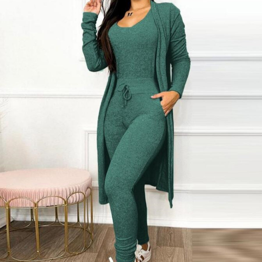 Women's Casual Suit High Waist Slip-on Casual Pants Drawstring Pocket Design Jumpsuit And Cardigan Cover