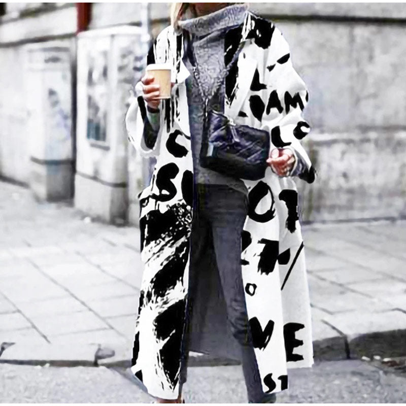 European And American Fashion Style Women's Autumn And Winter Print Long Coat With Long Sleeves