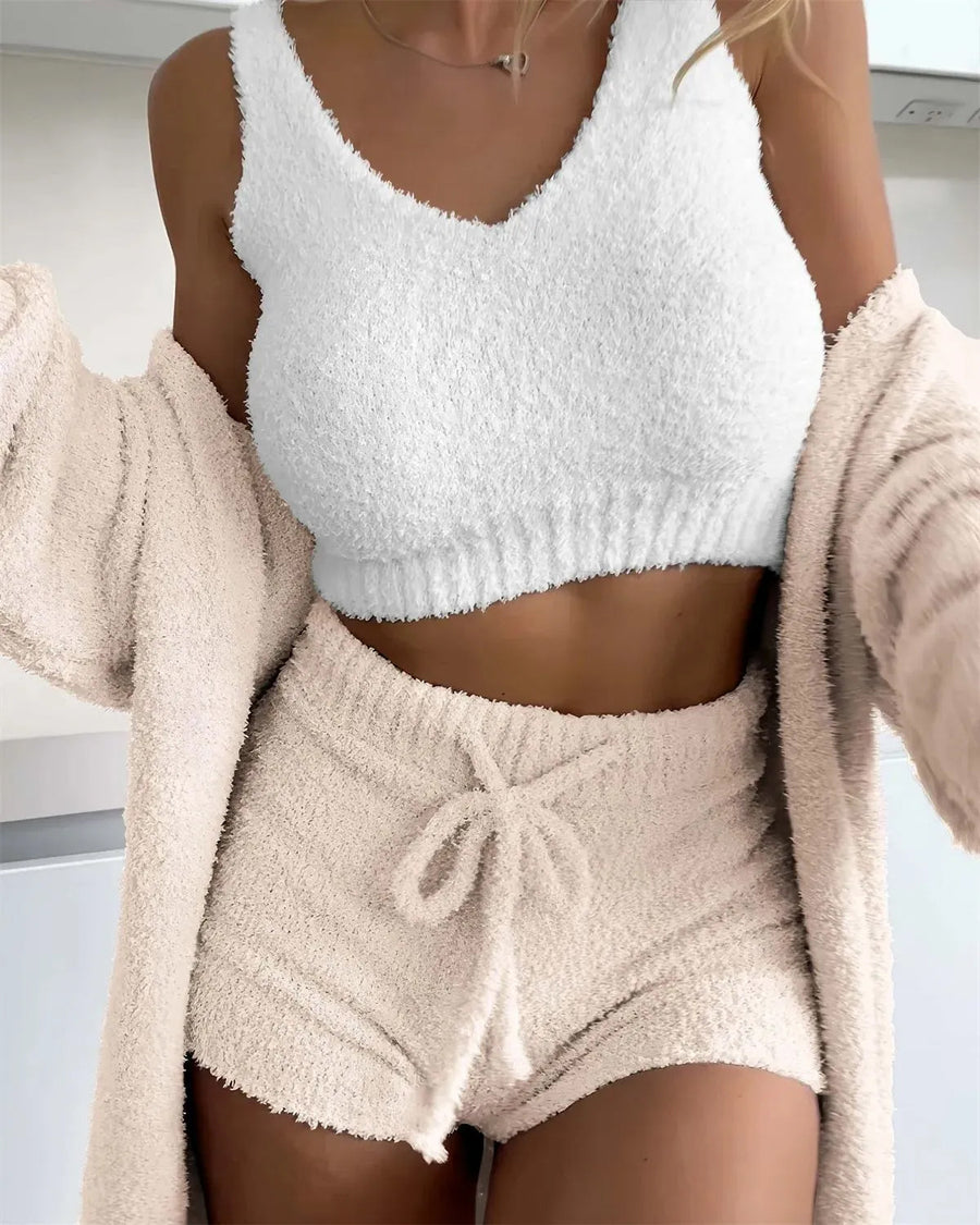 Thermal Three-piece Fluff Coat Spaghetti Strap Short Top Shorts Suit