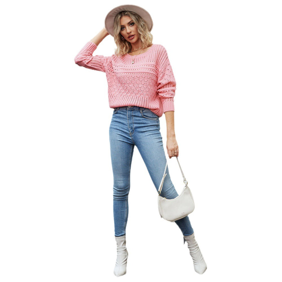 Women's Round Neck Diamond Knitted Pullover Sweater