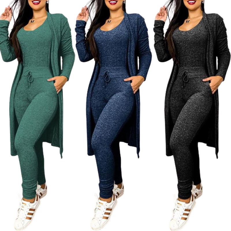 Women's Casual Suit High Waist Slip-on Casual Pants Drawstring Pocket Design Jumpsuit And Cardigan Cover