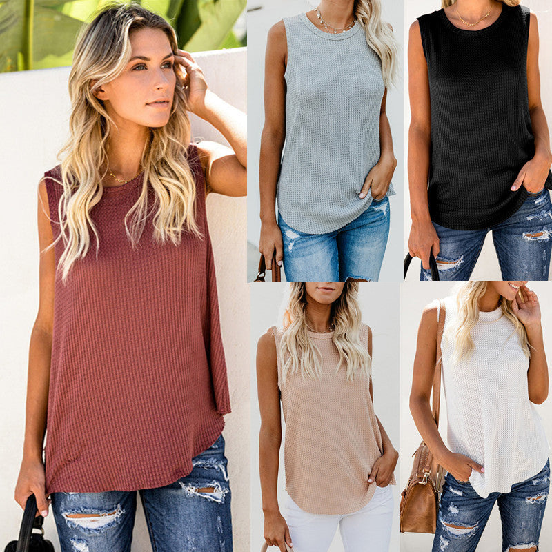 Solid Color Round Neck Sleeveless T-shirt Top Vest