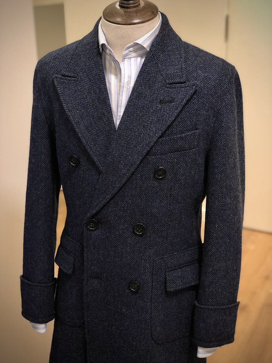 Polo Double Breasted Slim Vintage Tweed Men's Long English Wool Lapel Herringbone Coat