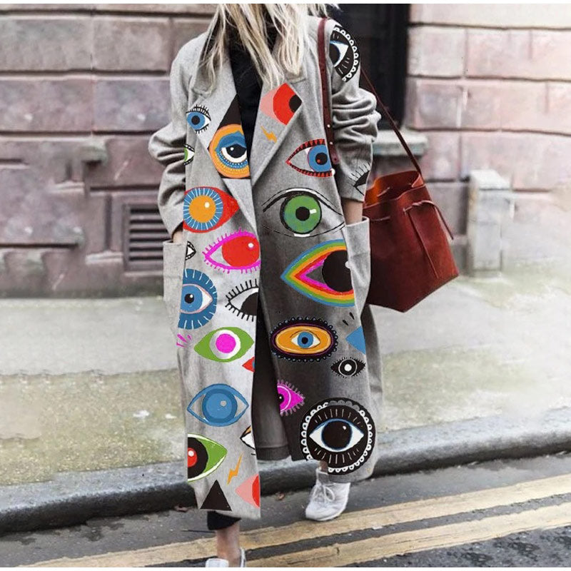 European And American Fashion Style Women's Autumn And Winter Print Long Coat With Long Sleeves