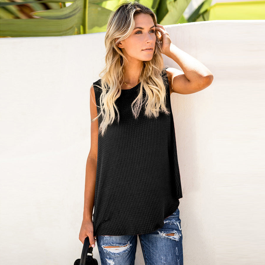 Solid Color Round Neck Sleeveless T-shirt Top Vest