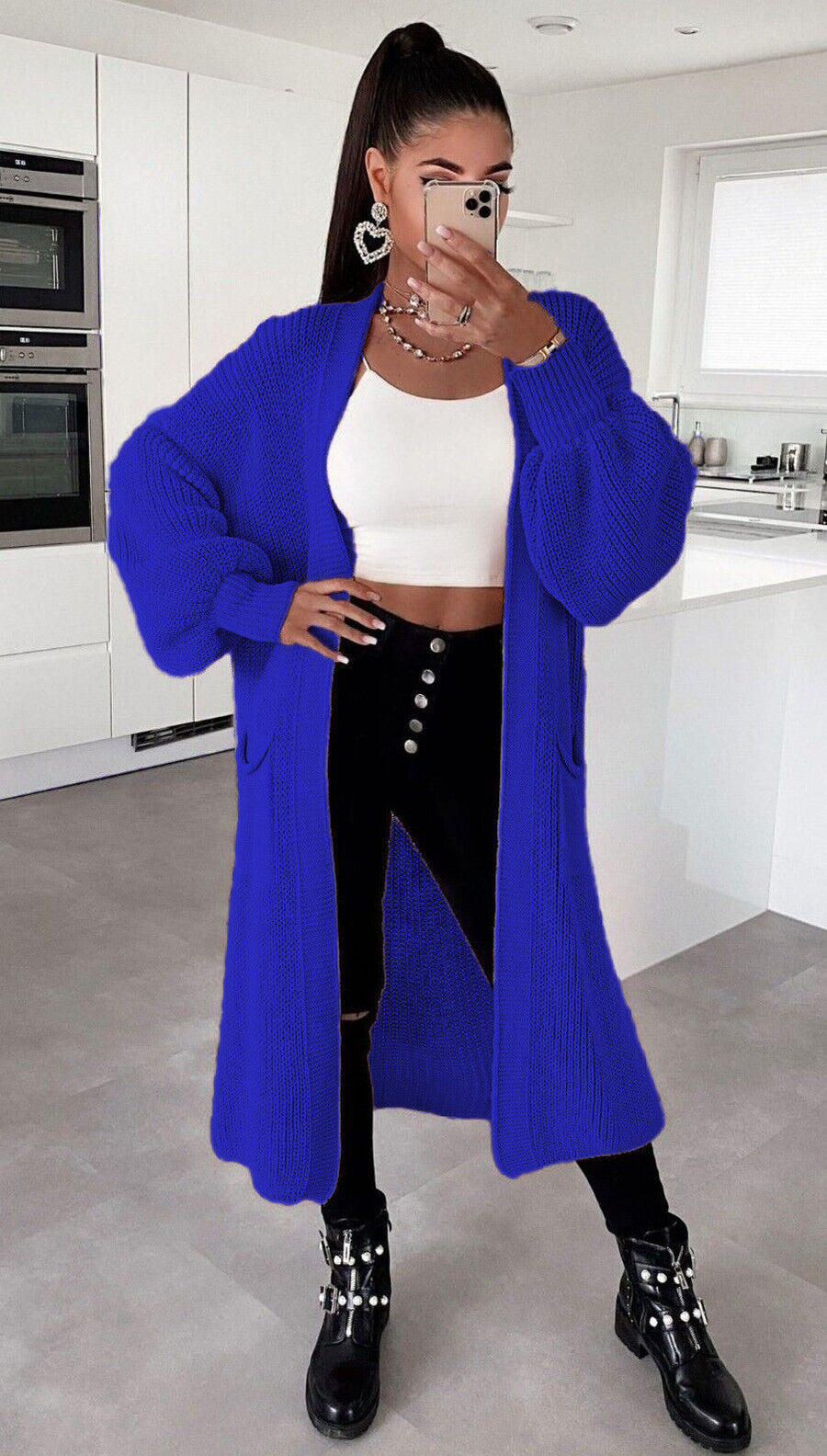 Solid Color Knitwear Pocket Cardigan Mid-length Sweater Women's Coat